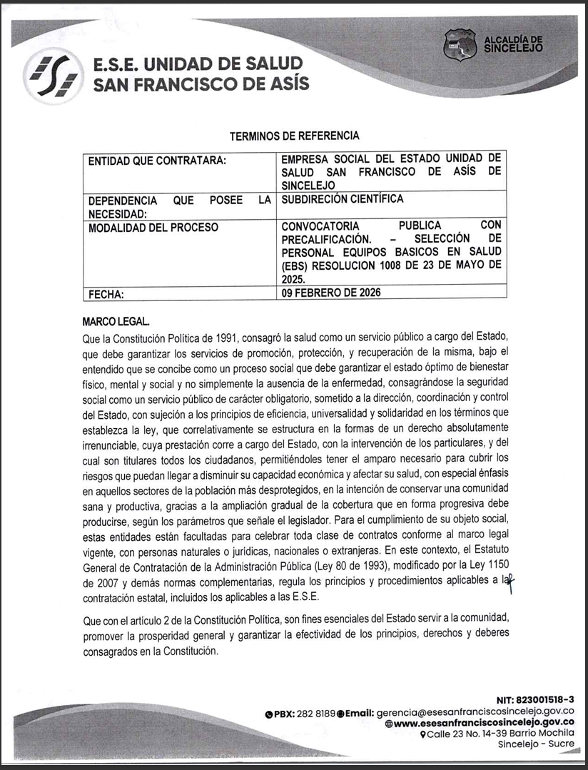 CONVOCATORIA PUBLICA CON PRECALIFICACIÓN – SELECCIÓN DE PERSONAL EQUIPOS BASICOS EN SALUD (EBS) RESOLUCION 1008 DE 23 DE MAYO DE 2025